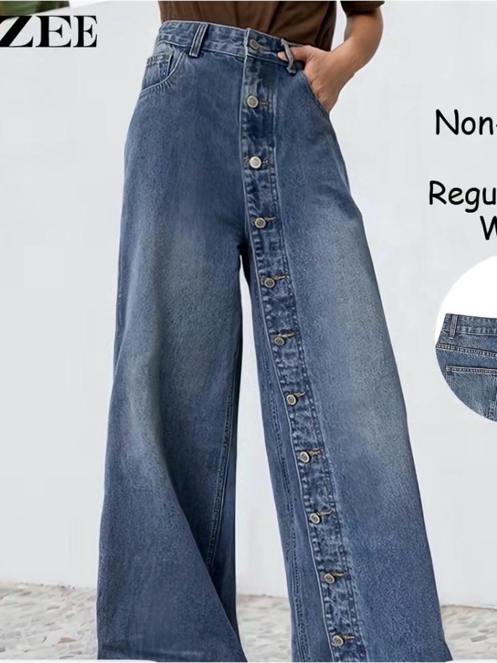 UooZee High-Waist Button-Front Wide Leg Jeans - Washed Blue
